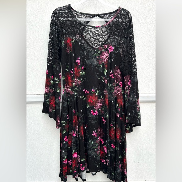 Torrid Dress Whimsygoth Fairy Grunge Lace Bell Sleeve Witchy Sz 1/1X Black Multi - Picture 2 of 16
